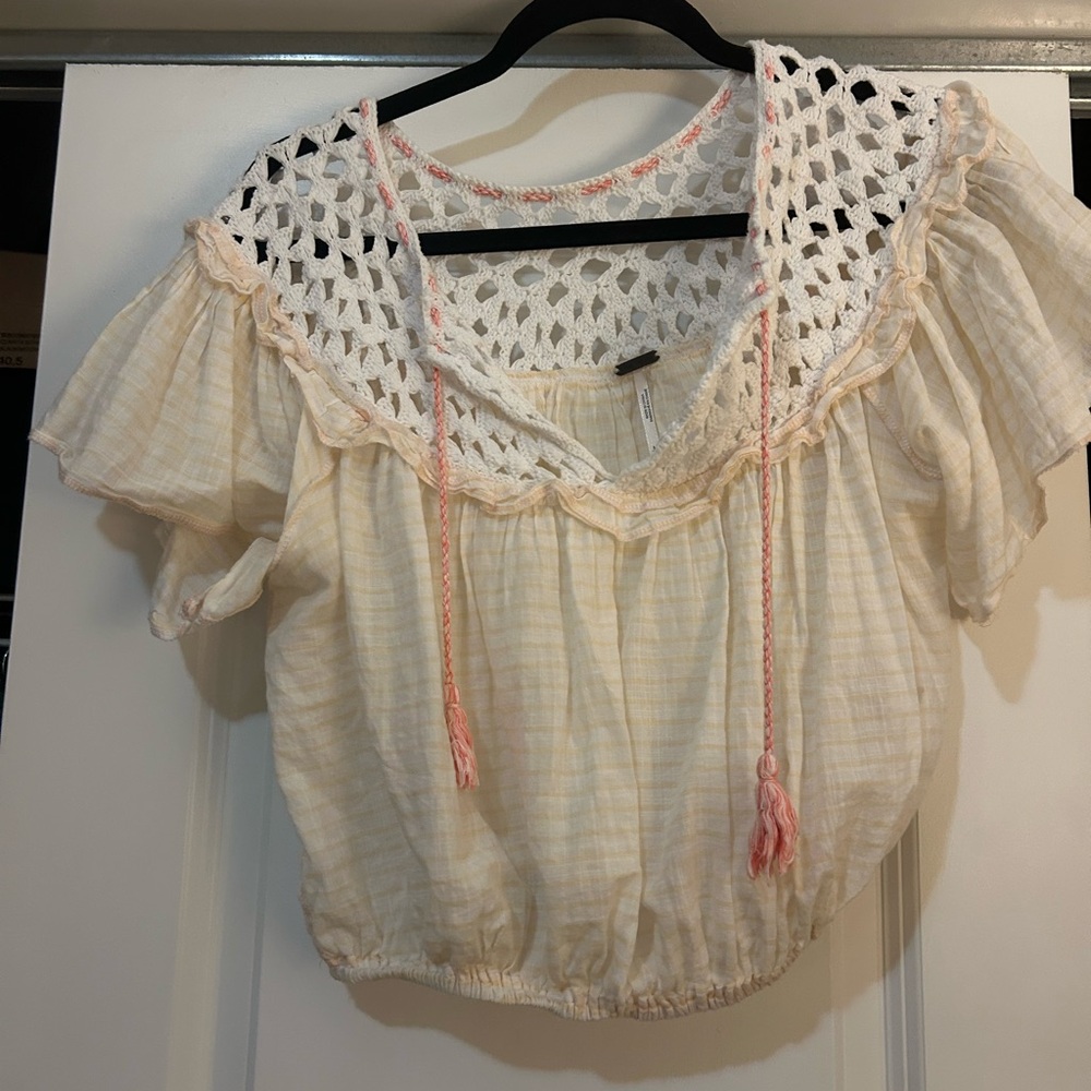 Free People Cream and Pink Crochet Blouse